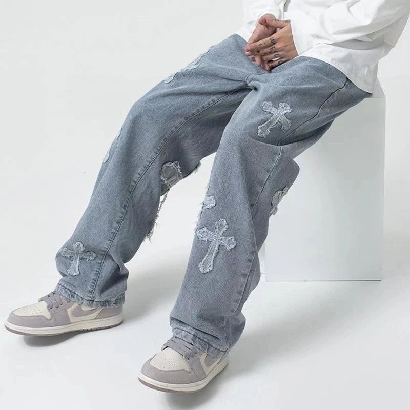 Distressed Denim Cross Embroidered Jeans – HoodRat Studio